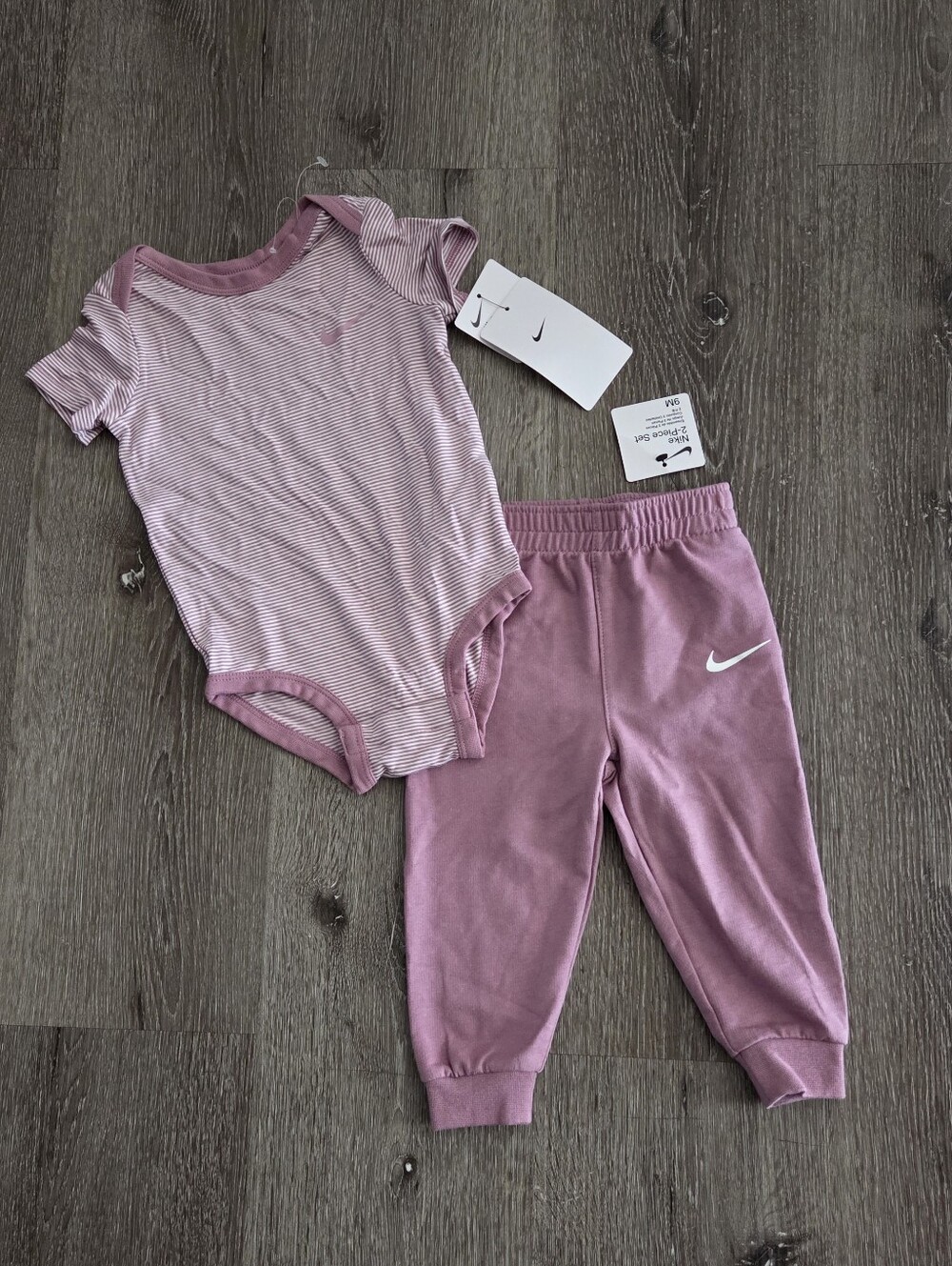 NWT Nike Baby Girl 2-Piece Set - Pink Striped Bodysuit & Joggers (Size 9M)